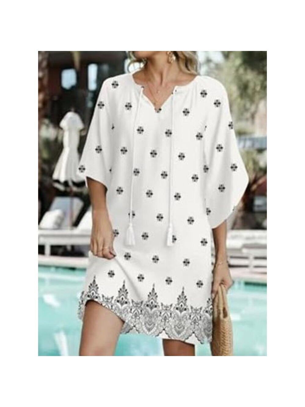 Women’s Black White Boho Beach Dress Tassel Tie V-Neck Cover Up with Pockets